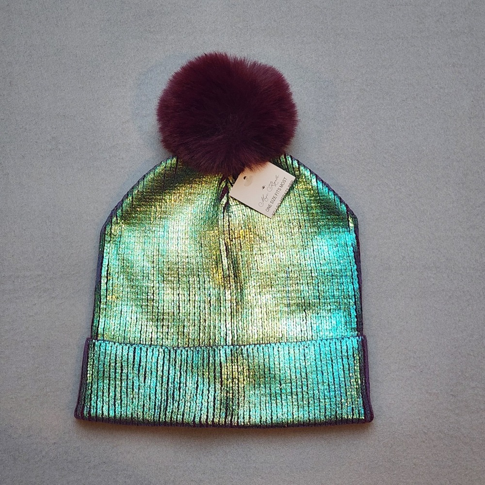 Muse Royale Mermaid Iridescent Metallic Pom Pom Beanie Hat Purple Holographic OS